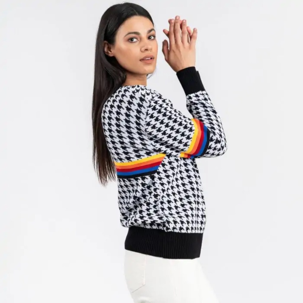 Houndstooth Crewneck Sweater with Rainbow Stripe